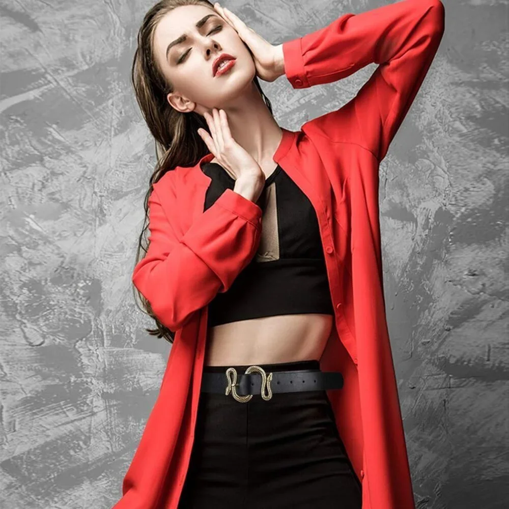 Women's Black Fashion Leather Belt For Dress With Snake Shape Buckle